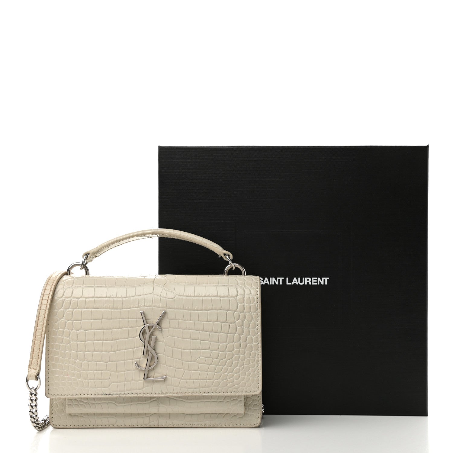 Saint Laurent Calfskin Crocodile Embossed Monogram Sunset Chain Wallet Blanc Vintage 12 of 12