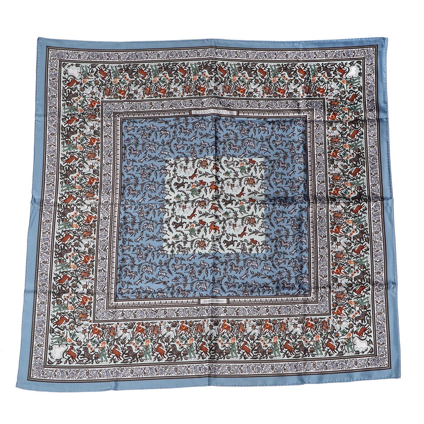 Silk Chasse En Inde Scarf 90 Gris Bleuete Vert De Gris Bleu