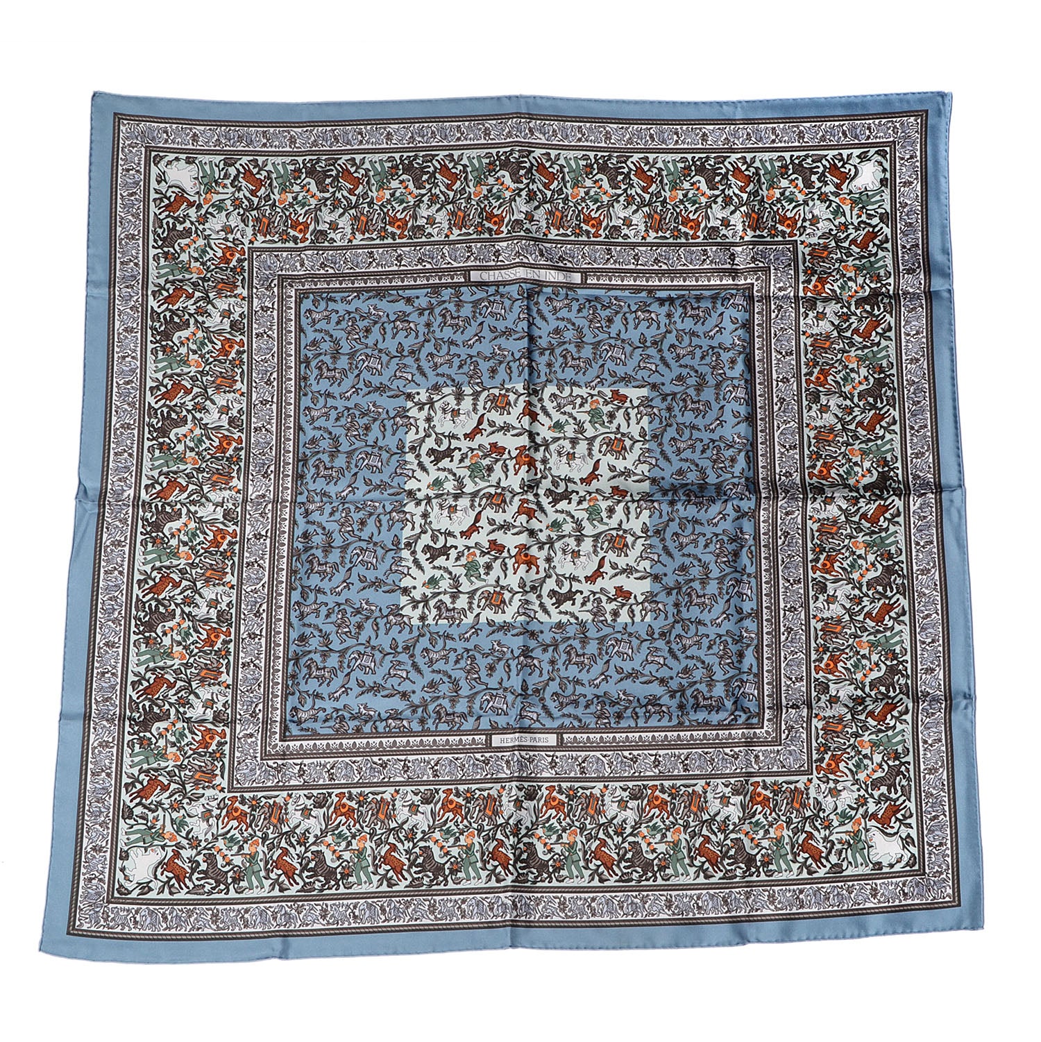 Hermes Silk Chasse En Inde Scarf 90 Gris Bleuete Vert De Gris Bleu 2 of 6