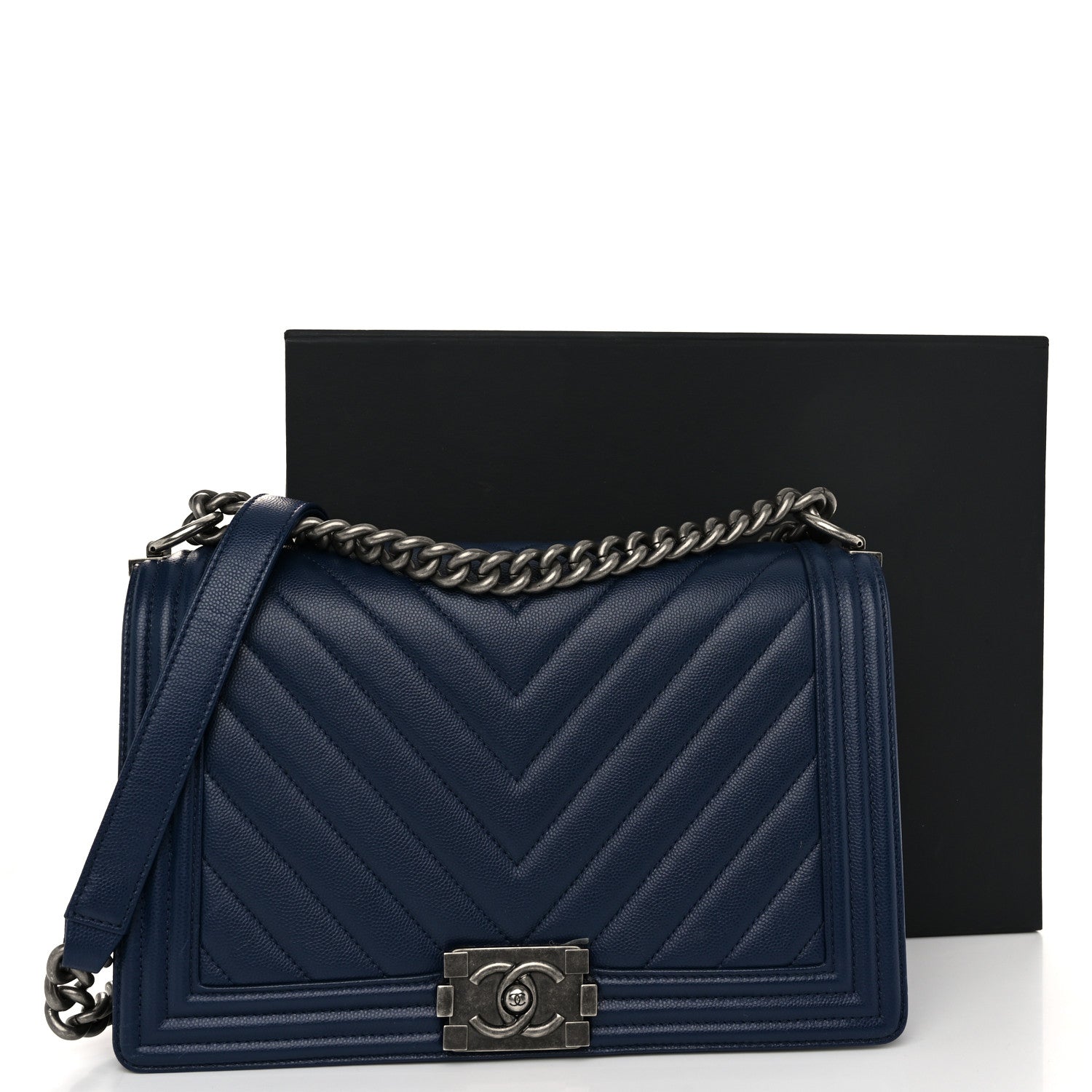 Chanel Caviar Chevron Quilted New Medium Boy Flap Dark Navy Blue 11 of 11