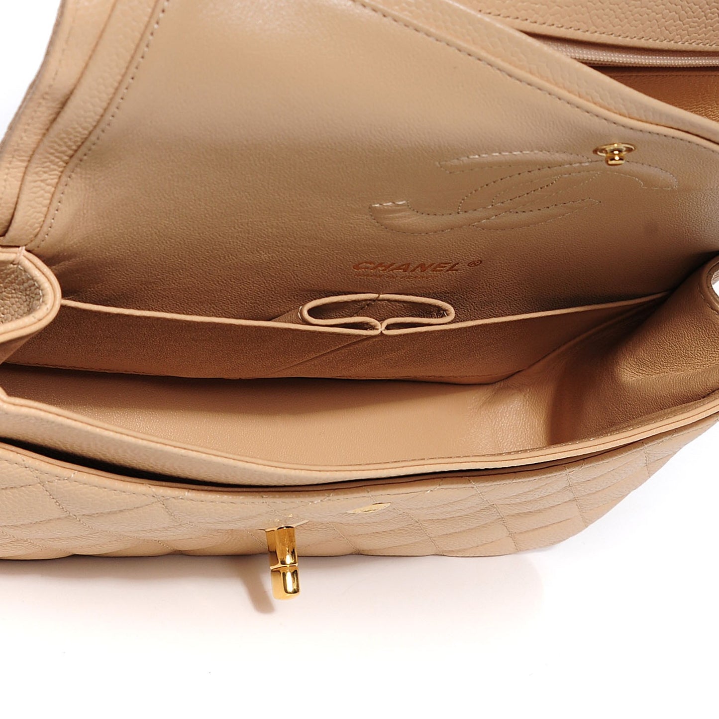 Caviar Quilted Medium Double Flap Beige Clair