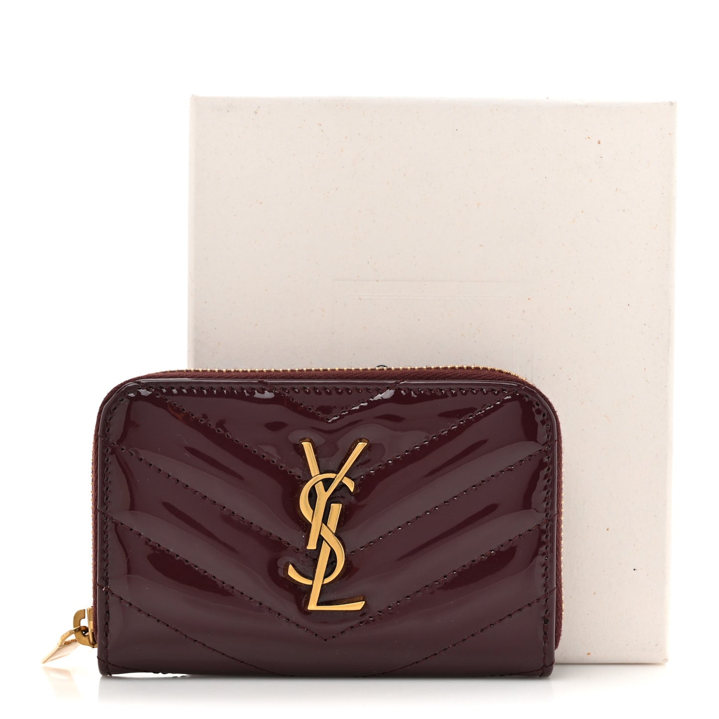 Patent Matelasse Chevron Monogram Cassandre Compact Zip Around Card Wallet Dark Red Wine