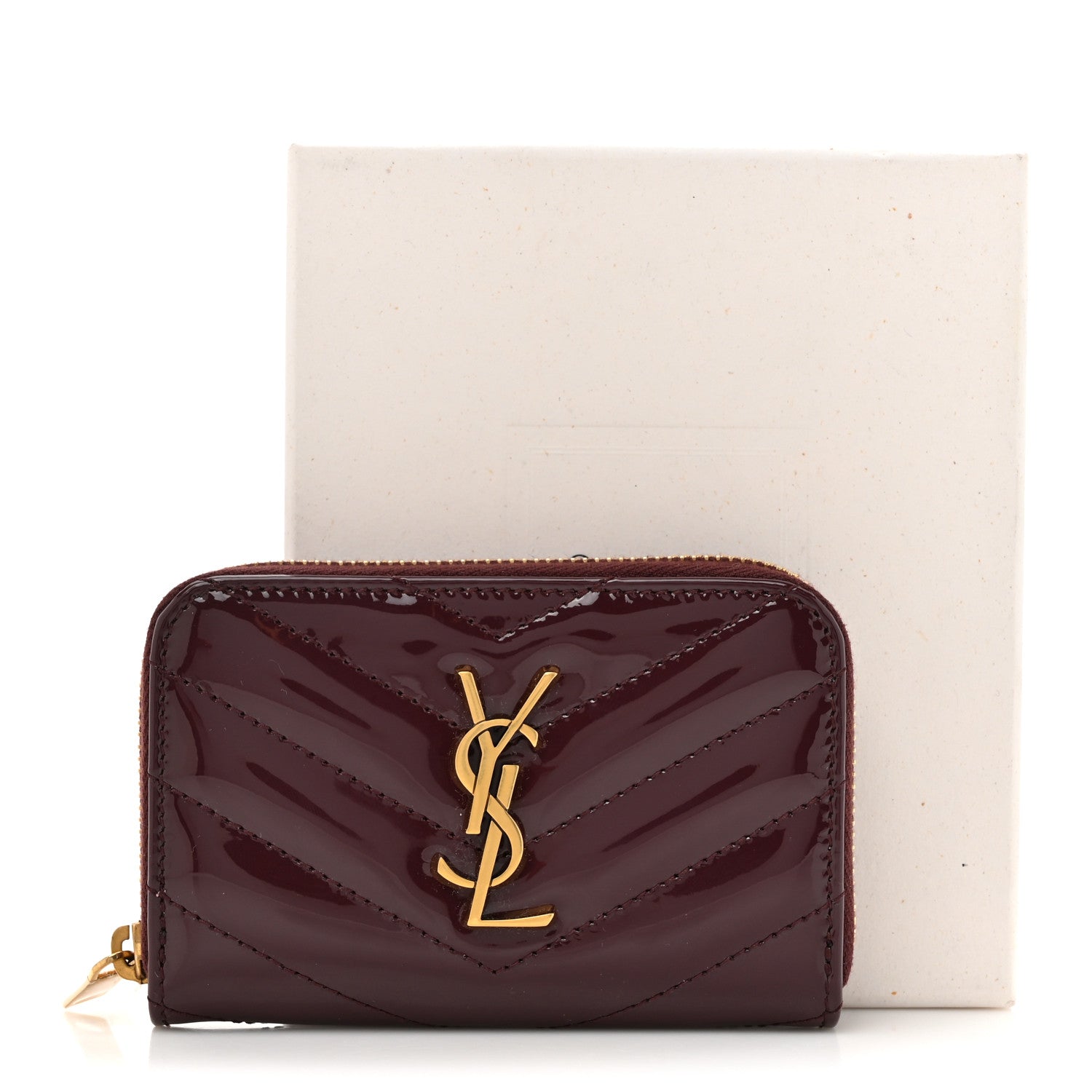 Saint Laurent Patent Matelasse Chevron Monogram Cassandre Compact Zip Around Card Wallet Dark Red Wine 8 of 8
