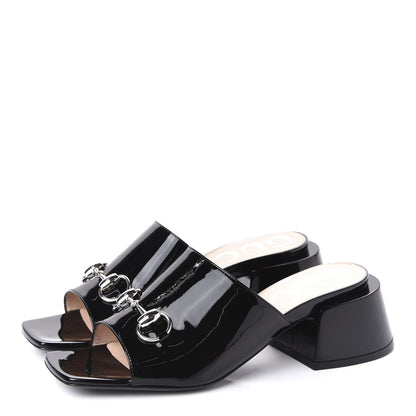 Gucci Patent Lexi Horsebit Mid-Heel Slide Sandals 37.5 Black 3 of 10