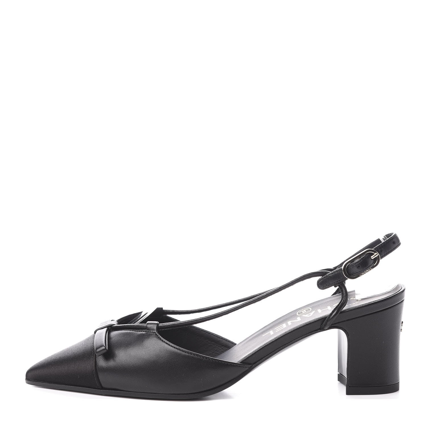 Chanel Lambskin Satin Slingback Cap Toe Bow Pumps 35.5 Black 1 of 11