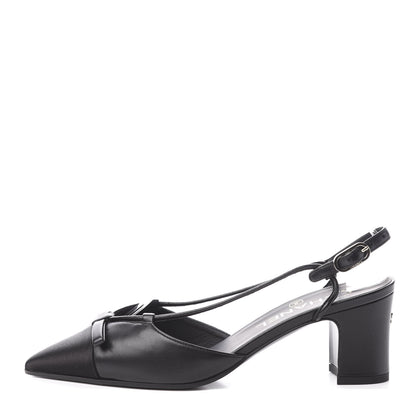 Chanel Lambskin Satin Slingback Cap Toe Bow Pumps 35.5 Black 1 of 11