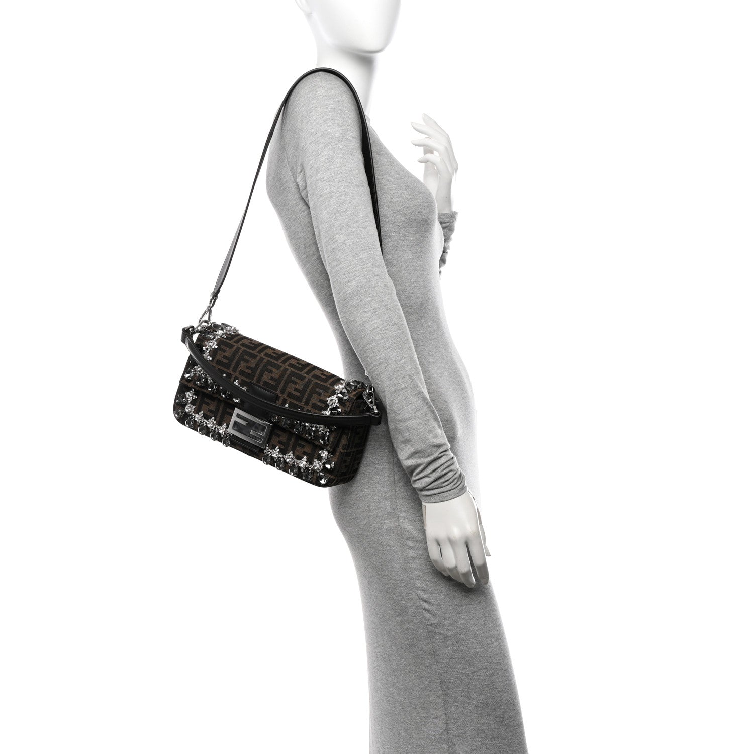 Fendi Fabric Jacquard FF 1974 Crystal Embellished Baguette Tobacco Moro Multicolor 2 of 10