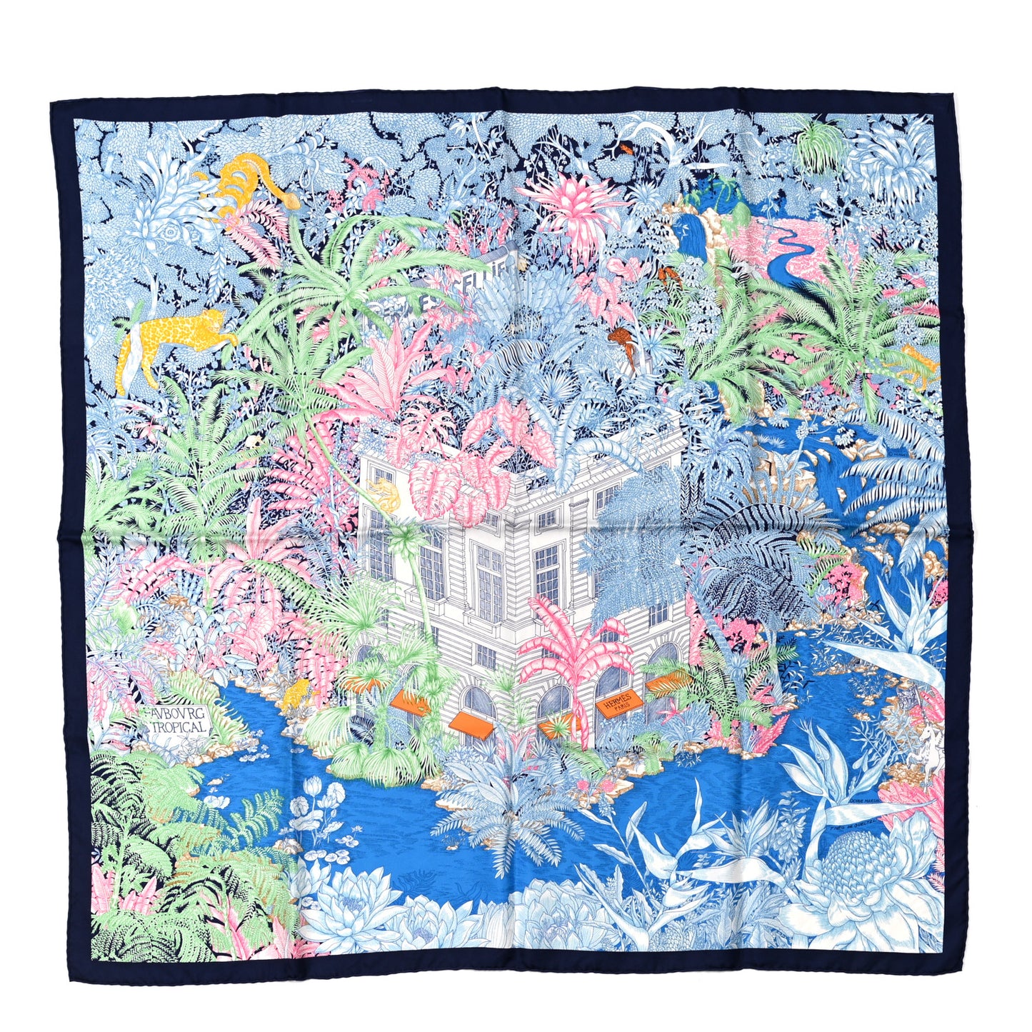 Silk Faubourg Tropical Scarf 90 Bleu Jean Vert Jaune Sofre