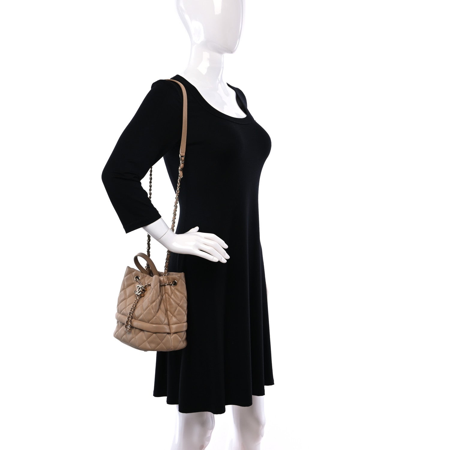 Chanel Caviar Quilted Rolled Up Bucket Drawstring Bag Beige 2 of 13