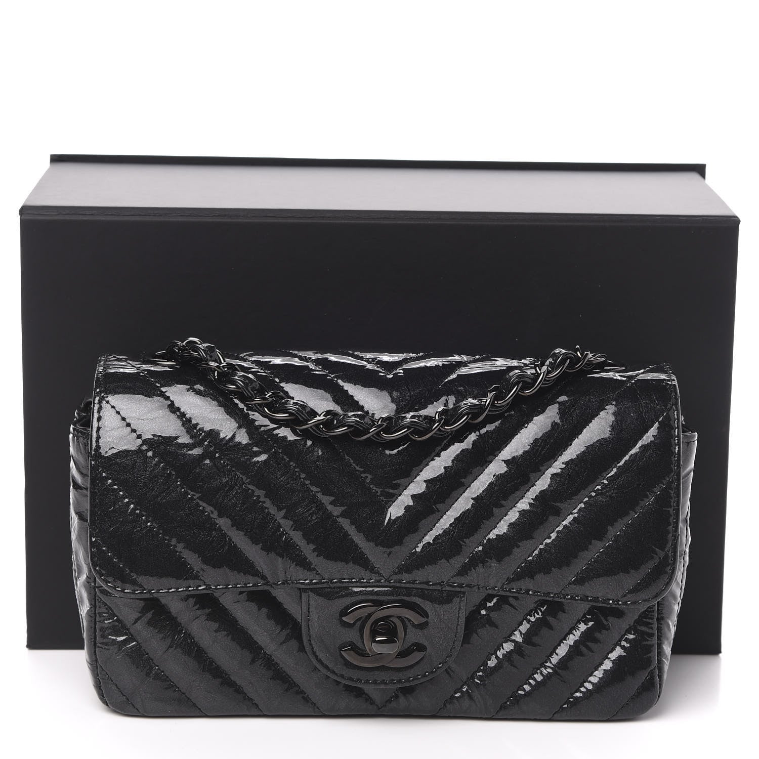 Chanel Patent Metallic Crumpled Calfskin Chevron Quilted Mini Rectangular Flap So Black 13 of 13