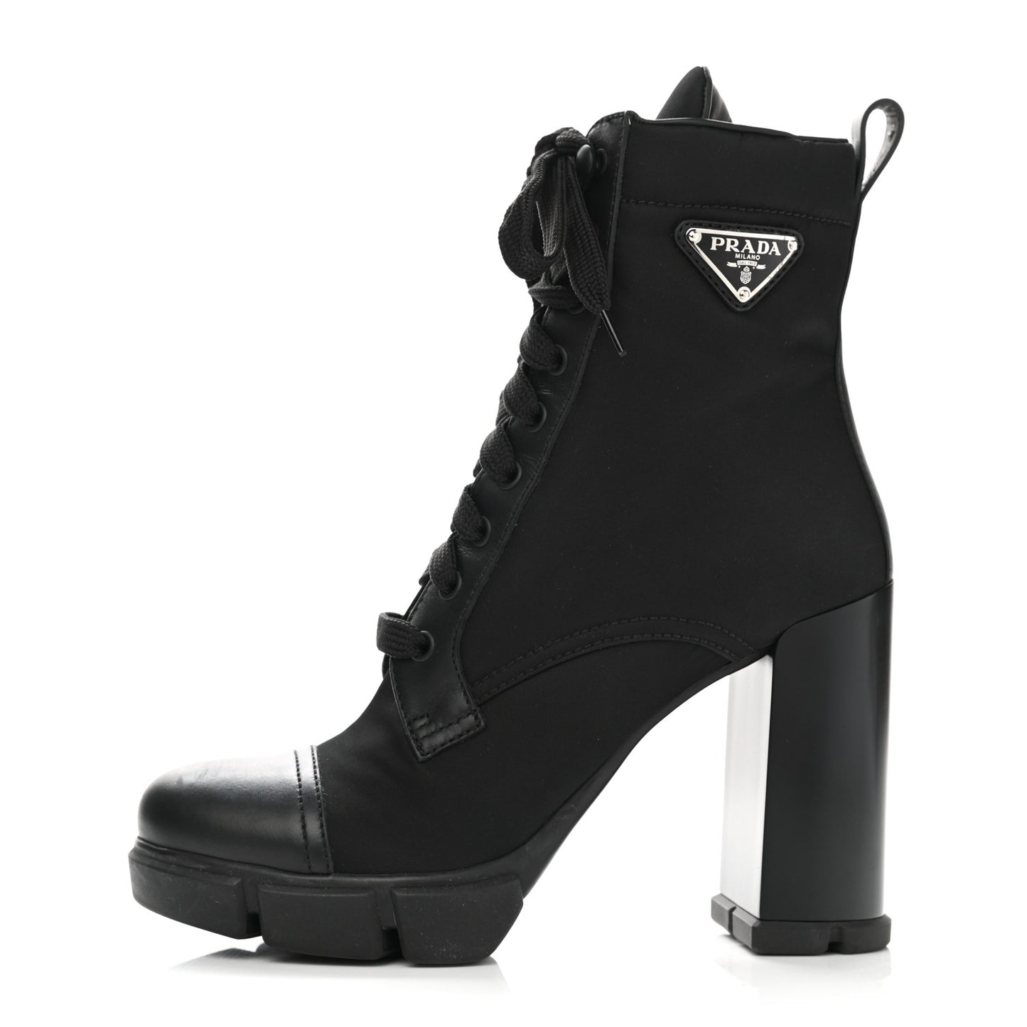 Vitello Montana Re-Nylon Metal Triangle Logo 110mm Ankle Boots 38.5 Black