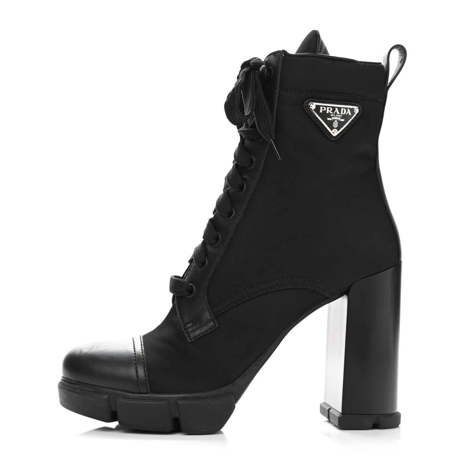 Prada Vitello Montana Re-Nylon Metal Triangle Logo 110mm Ankle Boots 38.5 Black 1 of 9