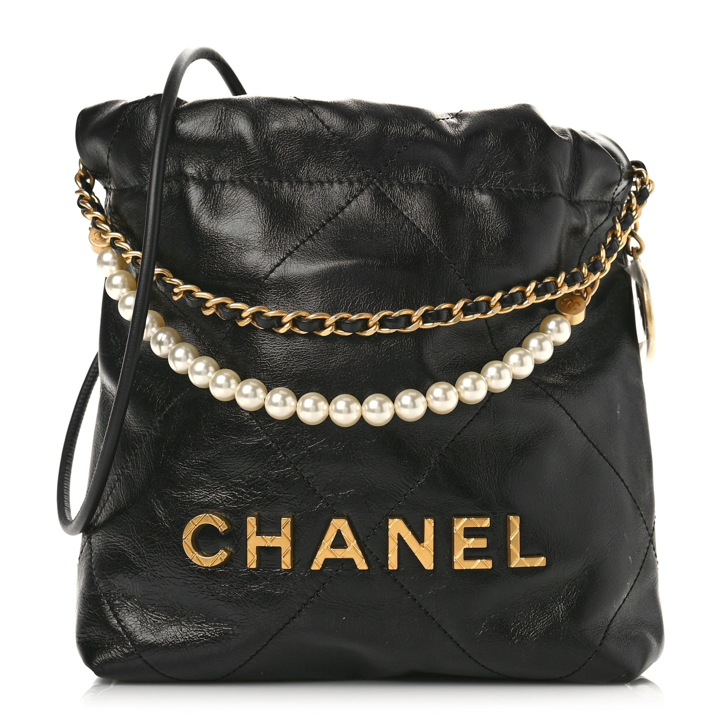 Shiny Crumpled Calfskin Quilted Pearl Mini Chanel 22 Black