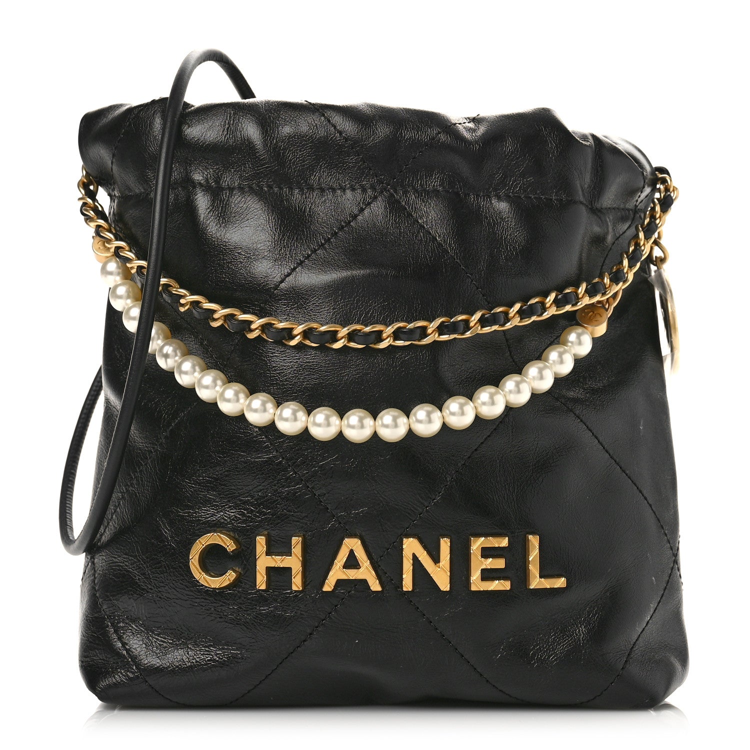 Chanel Shiny Crumpled Calfskin Quilted Pearl Mini Chanel 22 Black 1 of 9