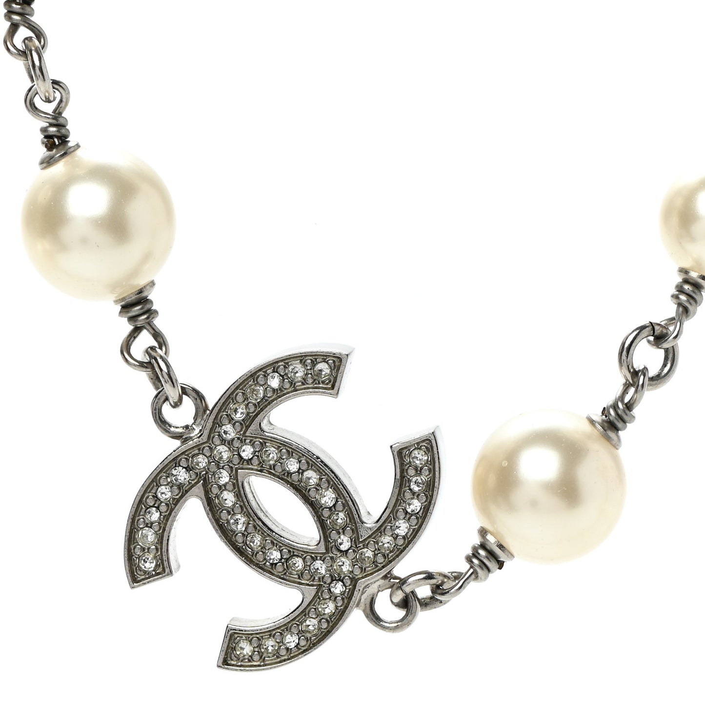 Crystal Pearl CC Long Necklace Silver
