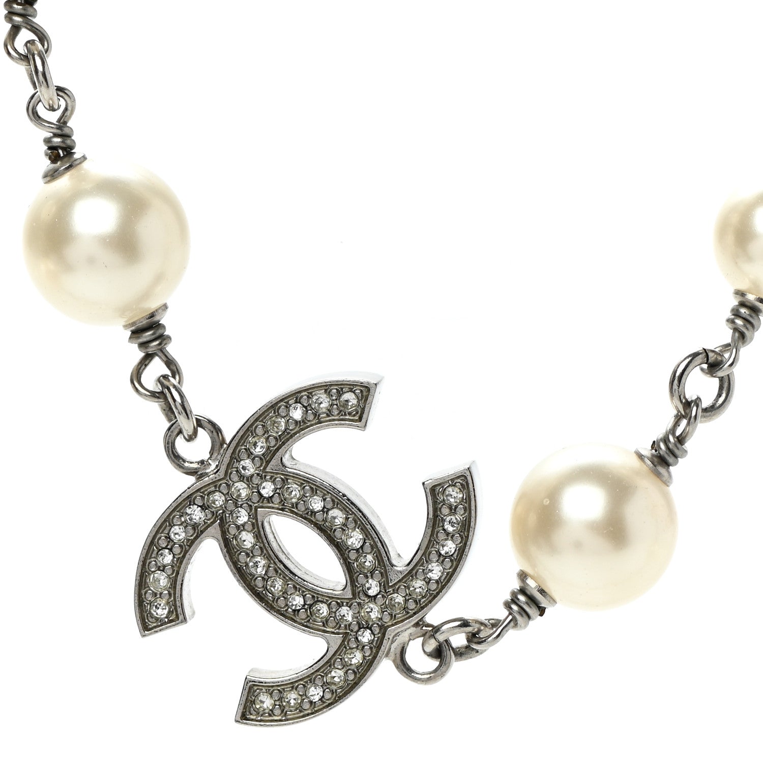 Chanel Crystal Pearl CC Long Necklace Silver 4 of 5
