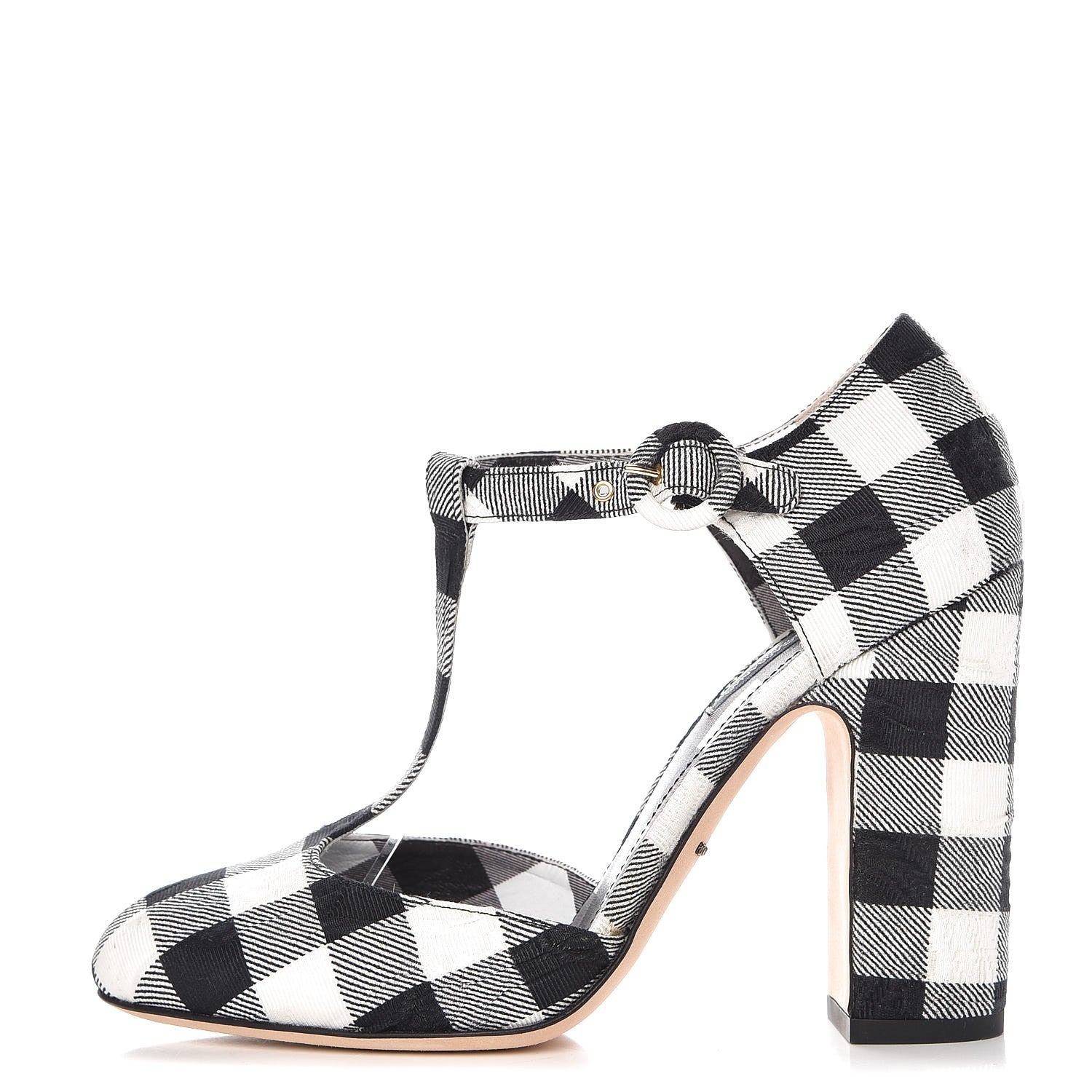 Dolce & Gabbana Gingham Brocade T Bar Pumps 37.5 Black White 1 of 13