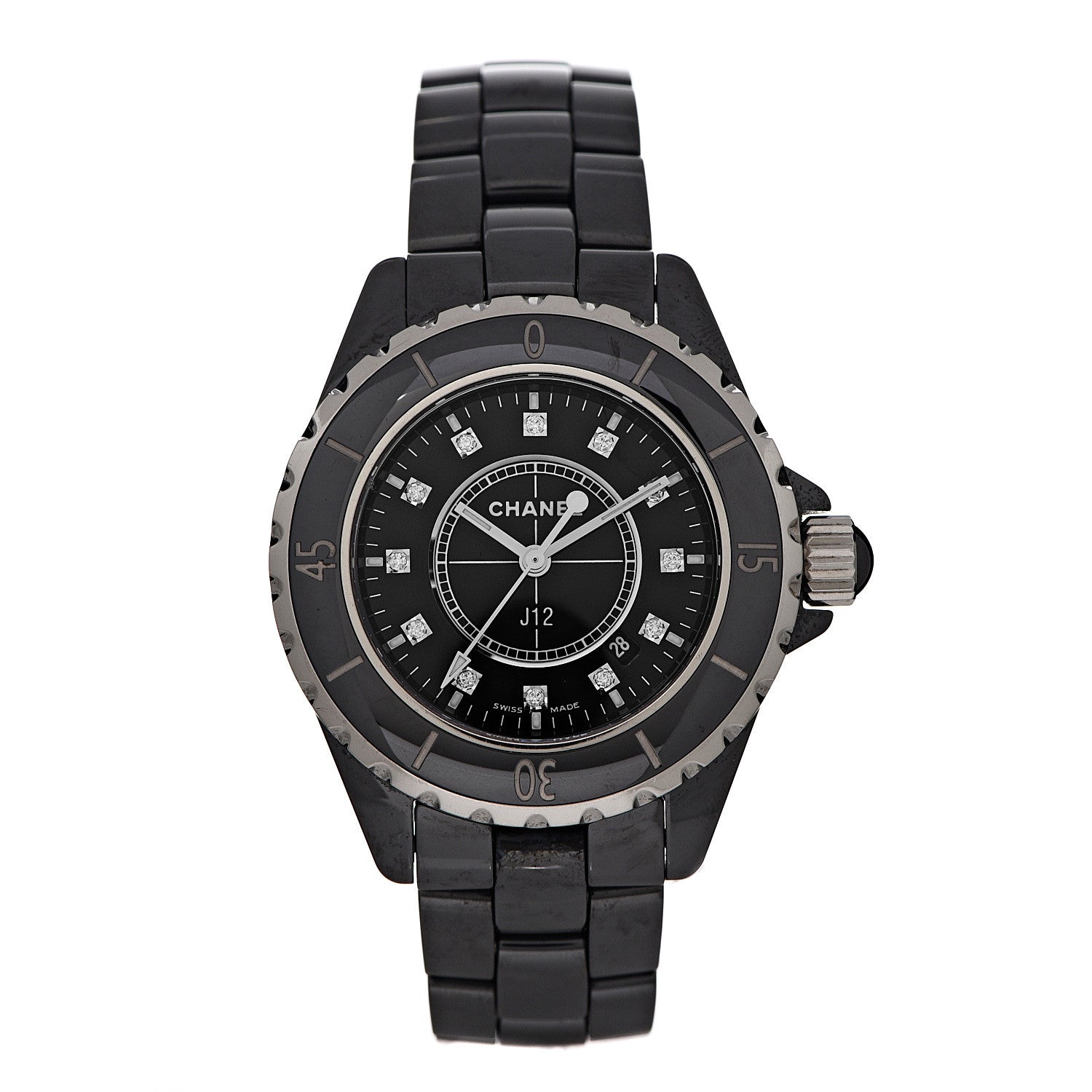 Chanel Stainless Steel Ceramic Diamond 33mm J12 Quartz Watch Black 1 of 8