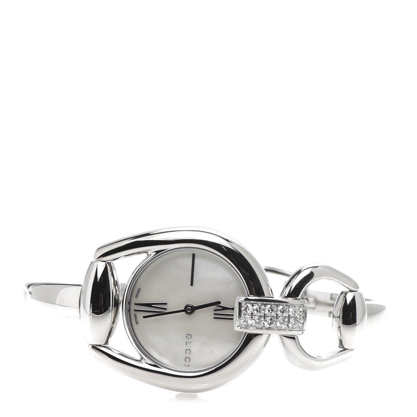 Stainless Steel Diamond Pave Mother of Pearl 28mm Horsebit Quartz Watch