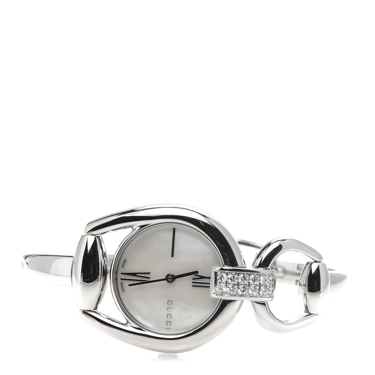 Gucci Stainless Steel Diamond Pave Mother of Pearl 28mm Horsebit Quartz Watch 3 of 7