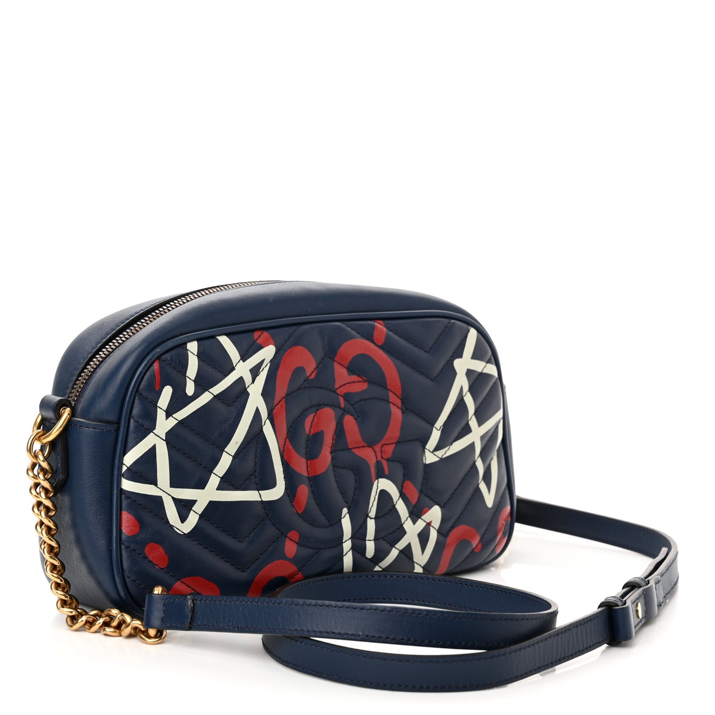 Calfskin Matelasse GucciGhost Small GG Marmont Chain Shoulder Bag Blue Agata Hibiscus Red