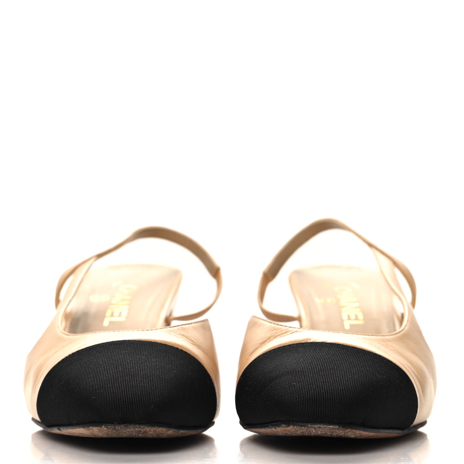 Chanel Goatskin Grosgrain Cap Toe CC Slingback Pumps 41 Beige Black 3 of 9