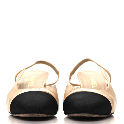 Chanel Goatskin Grosgrain Cap Toe CC Slingback Pumps 41 Beige Black 3 of 9