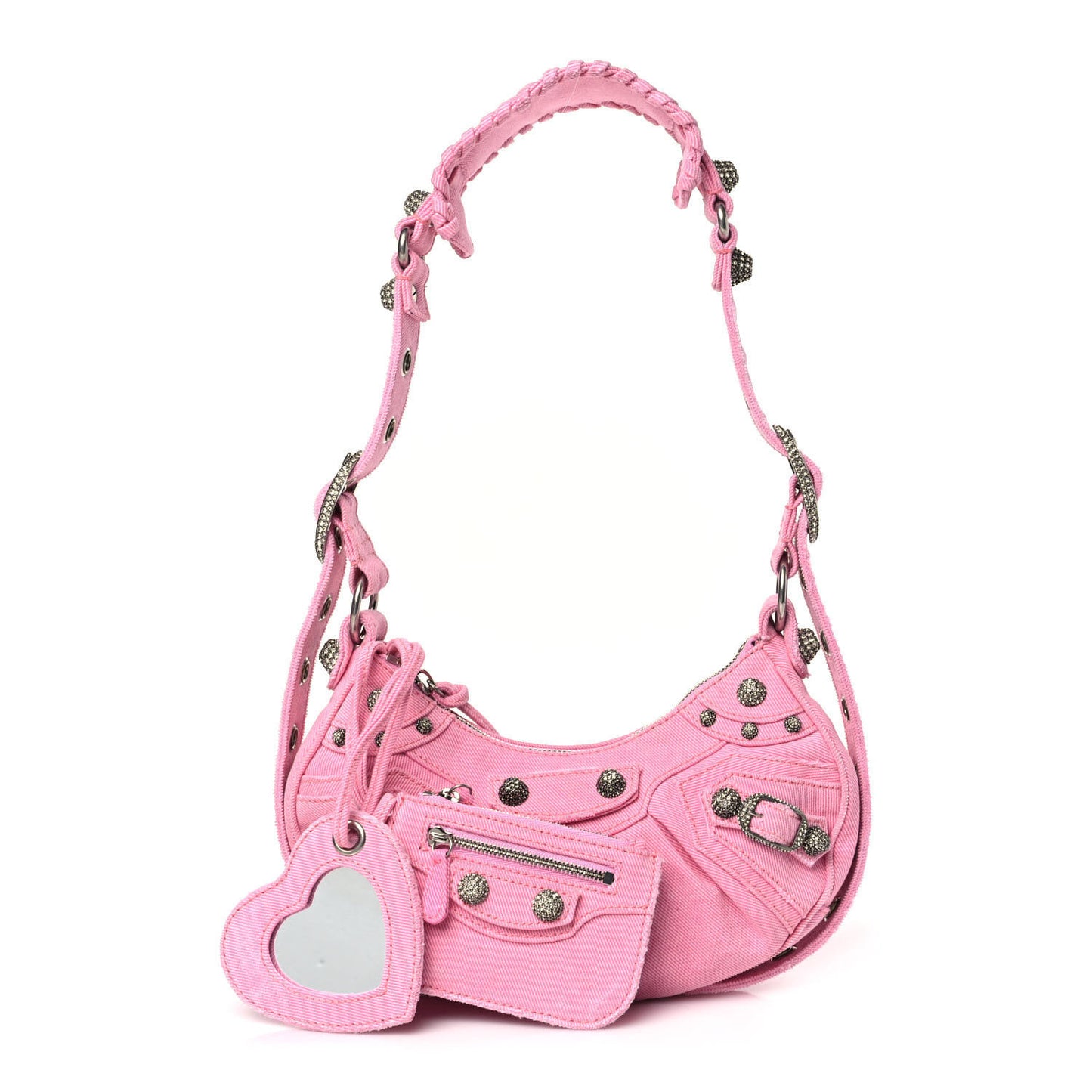Washed Frayed Denim Crystal Le Cagole Shoulder Bag XS Denim Pink