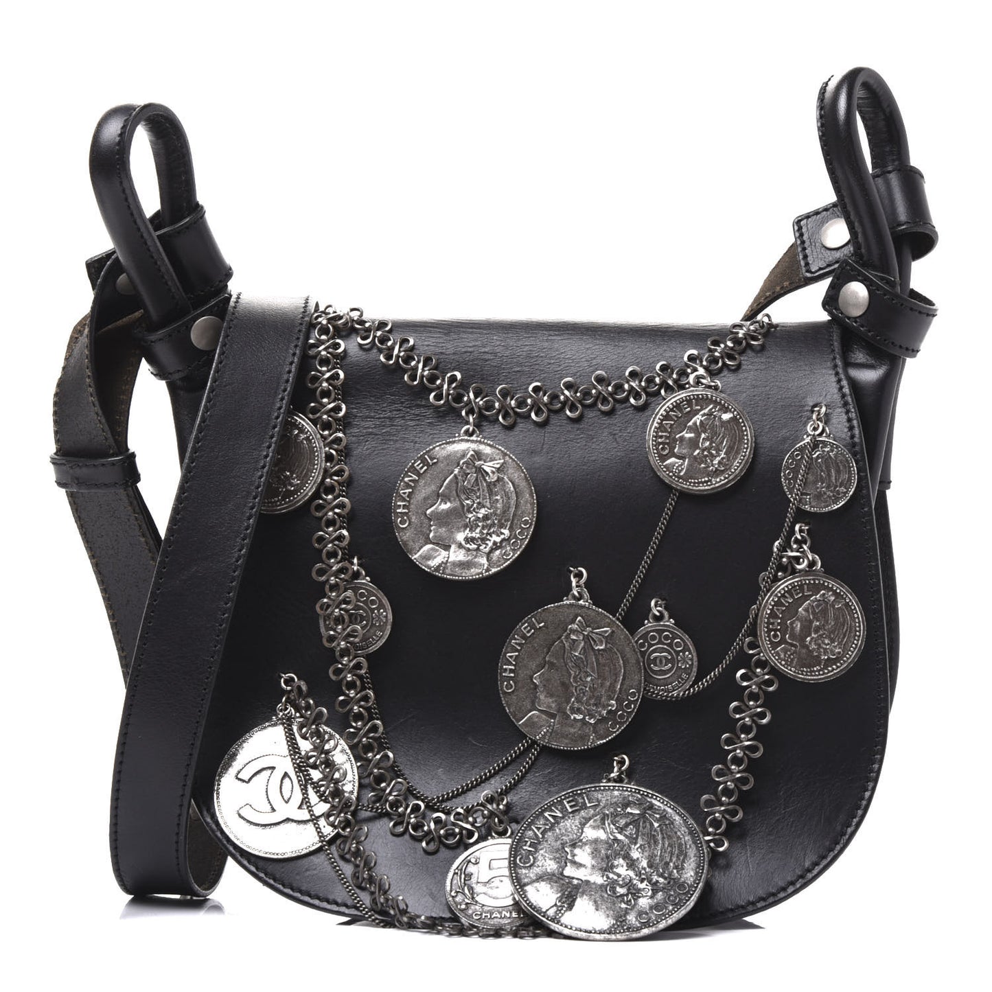 Calfskin Medallion Coins Saddle Bag Black