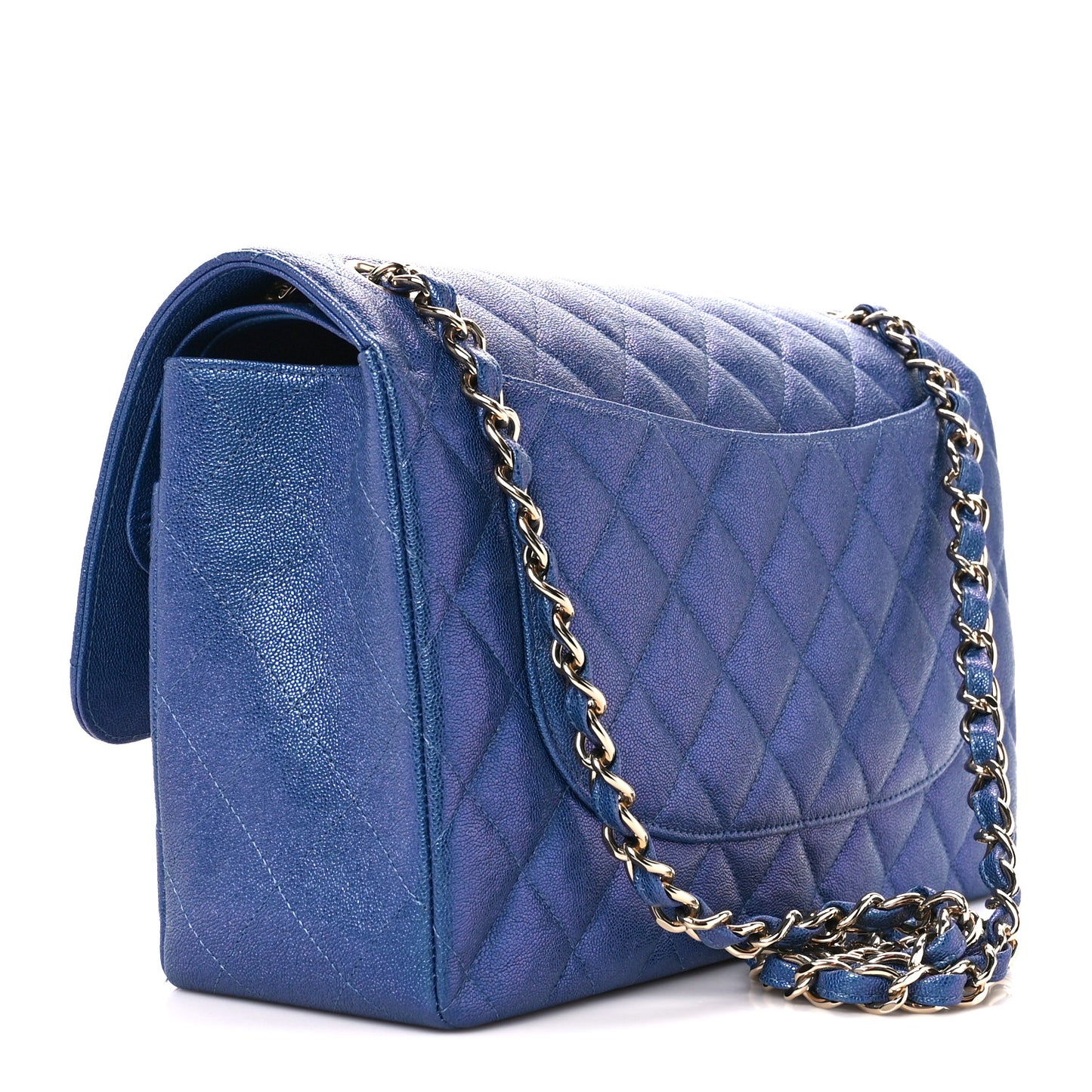 Iridescent Caviar Quilted Jumbo Double Flap Dark Blue