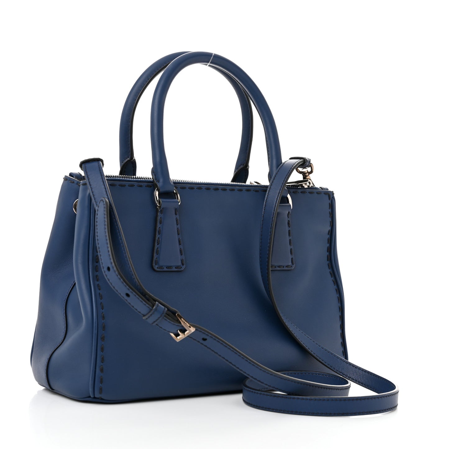 City Calf Hand Stitched Small Galleria Double Zip Tote Bluette
