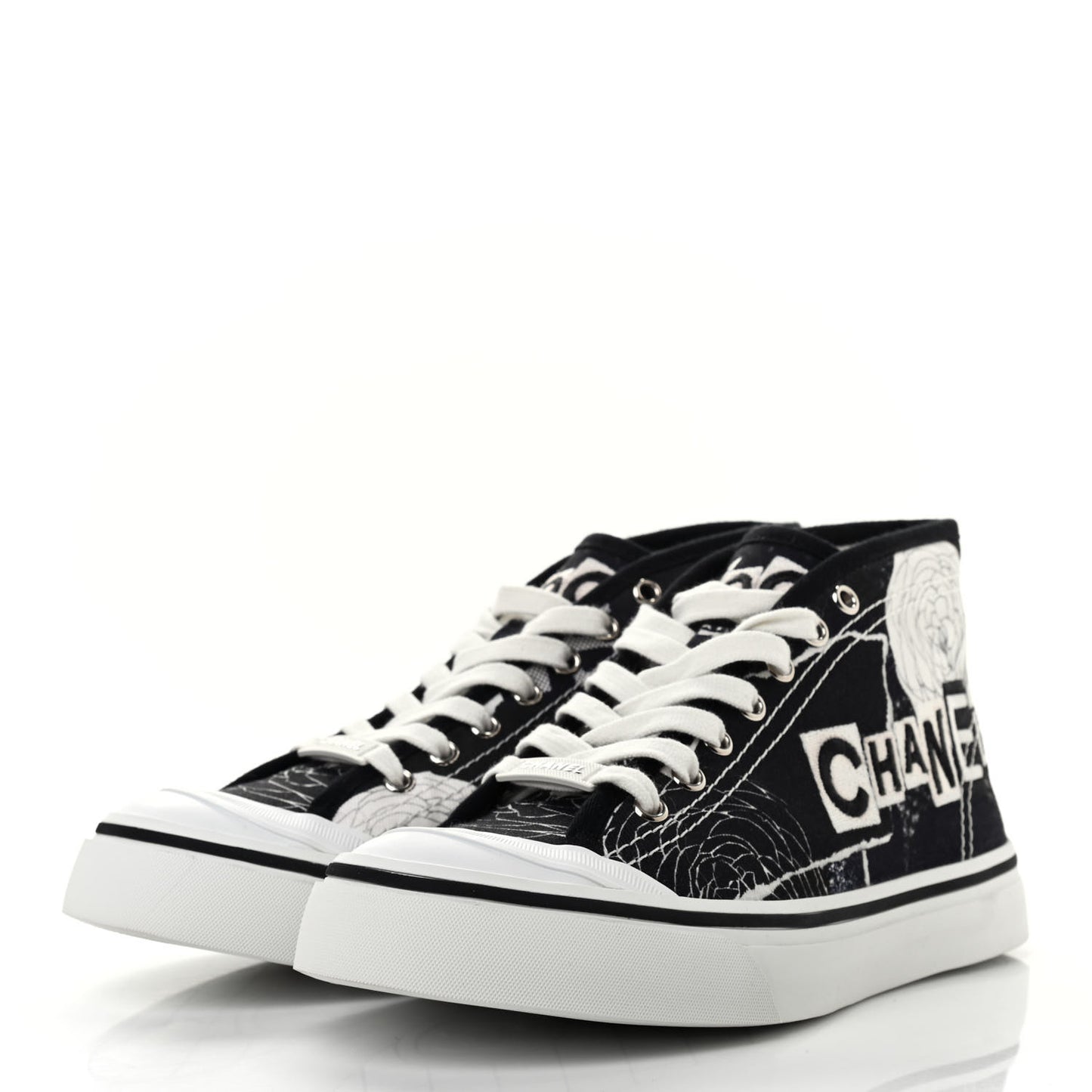 Printed Fabric High Top Logo Sneakers 38 White Black