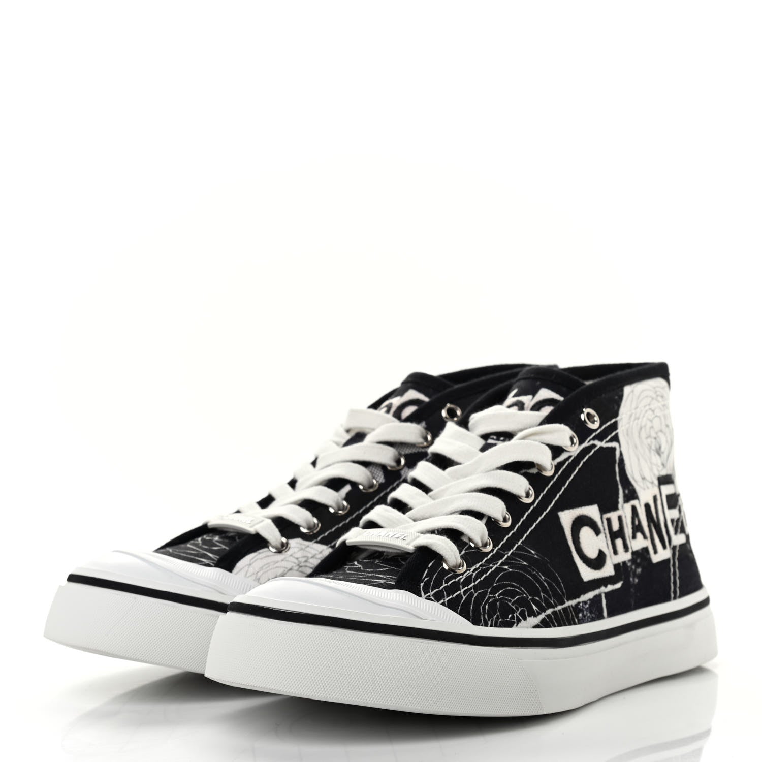 Chanel Printed Fabric High Top Logo Sneakers 38 White Black 3 of 10