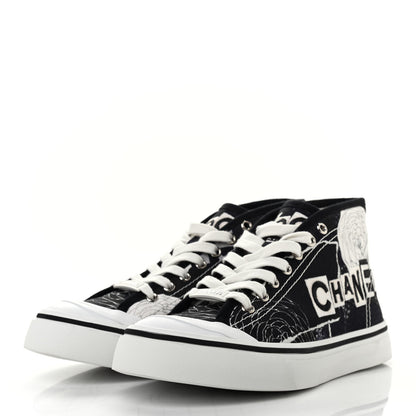 Chanel Printed Fabric High Top Logo Sneakers 38 White Black 3 of 10