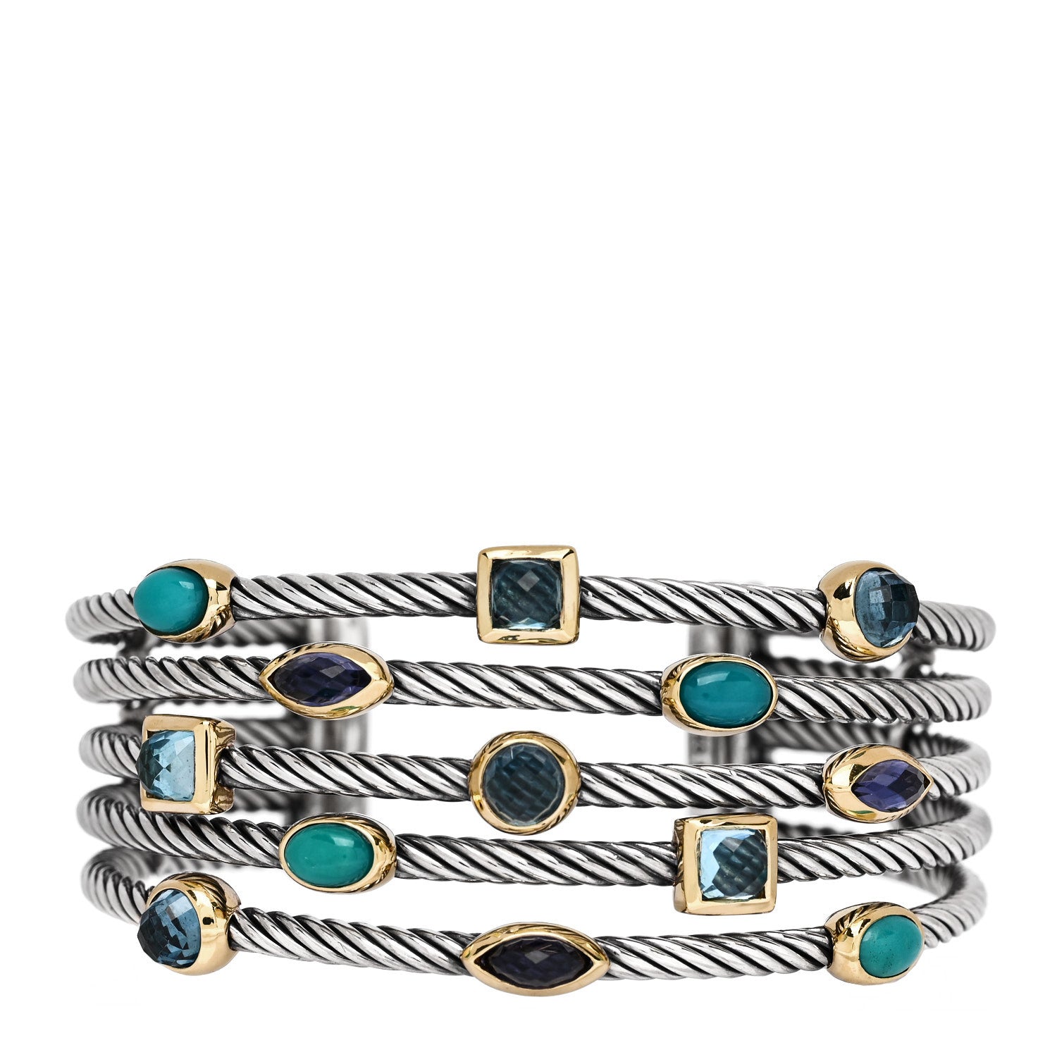 David Yurman Sterling Silver 18K Yellow Gold Blue Topaz Turquoise Iolite Confetti 5 Row Bracelet 2 of 6