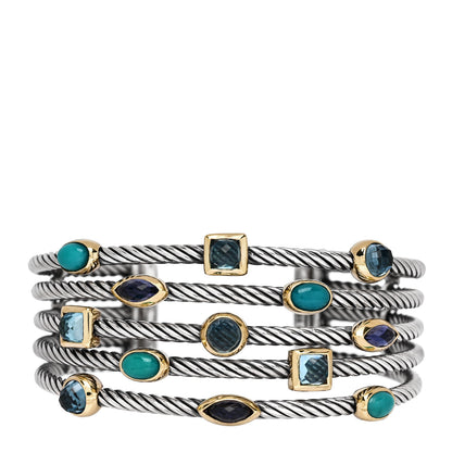 David Yurman Sterling Silver 18K Yellow Gold Blue Topaz Turquoise Iolite Confetti 5 Row Bracelet 2 of 6
