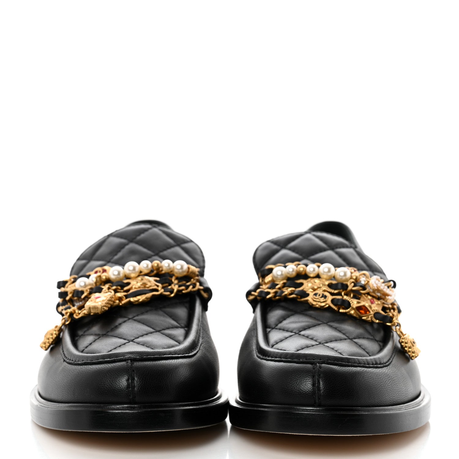 Chanel Lambskin Pearl Crystal Quilted CC Logo Jewelry Loafers 39.5 Black 2 of 9