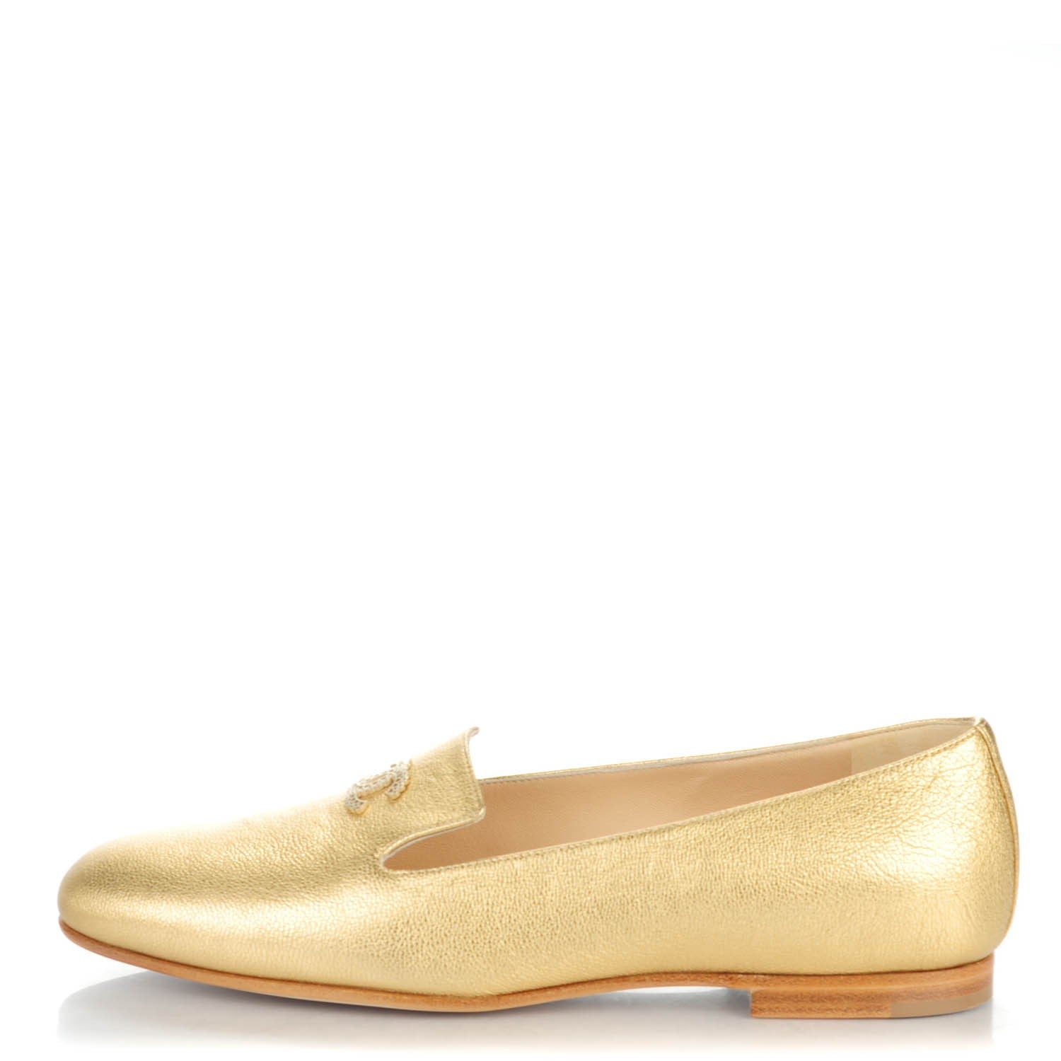 Chanel Metallic Calfskin CC Loafers 37.5 Gold 1 of 8