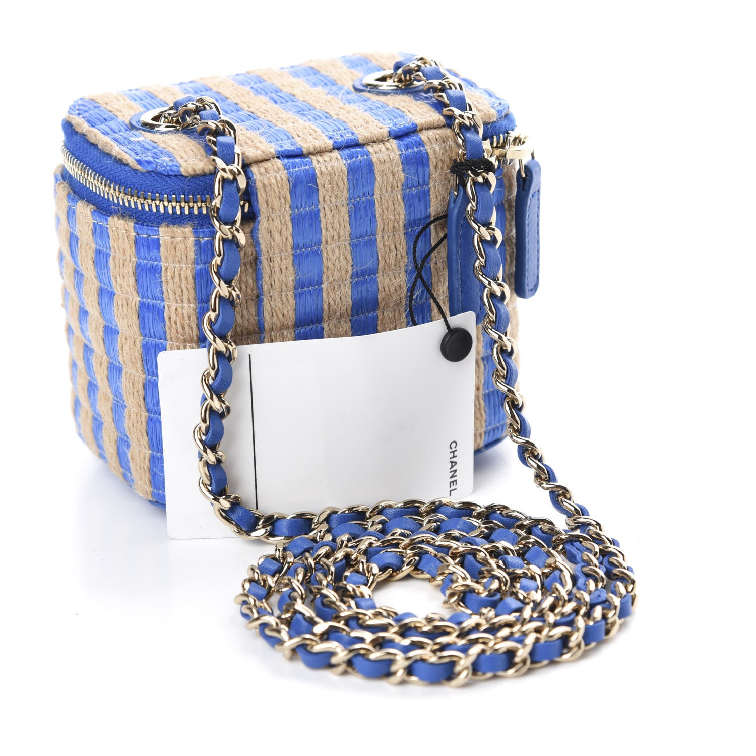 Chanel Raffia Jute Striped Mini Vanity Case With Chain Blue Beige 3 of 11