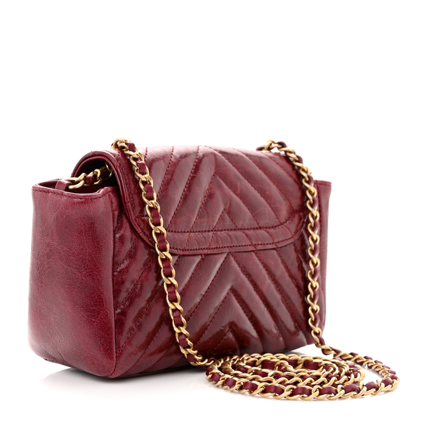 Glazed Calfskin Chevron Quilted Small Hampton Flap Burgundy