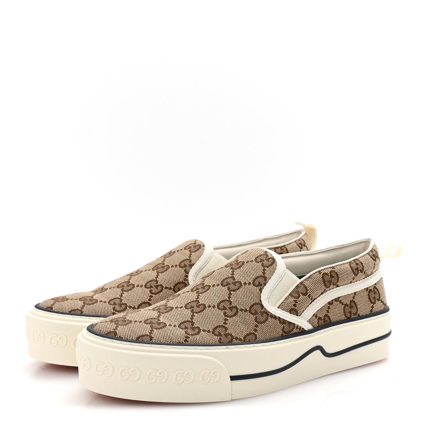 GG Monogram Womens 1977 Tennis Slip On 30mm Sneakers 37.5 Beige Ebony Mystic White