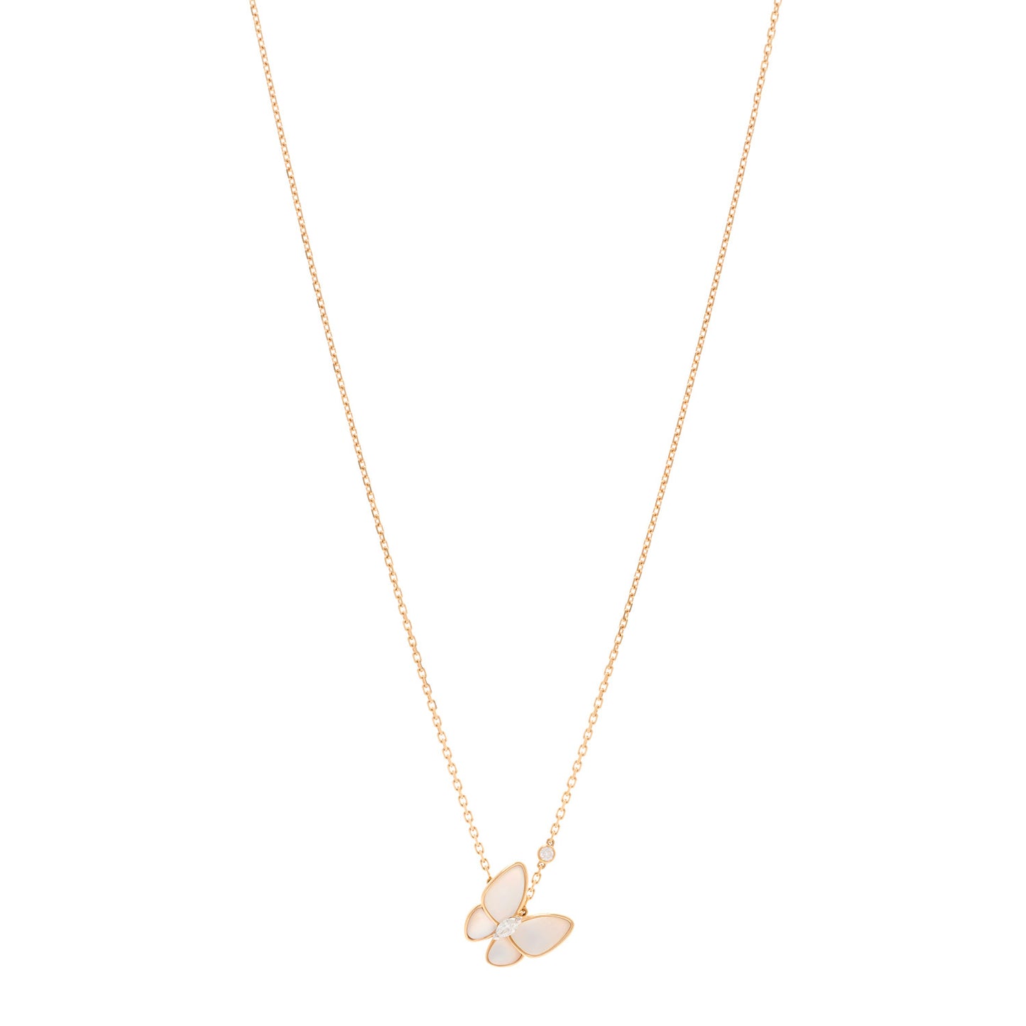 18K Rose Gold Diamond Mother of Pearl Two Butterfly Pendant Necklace