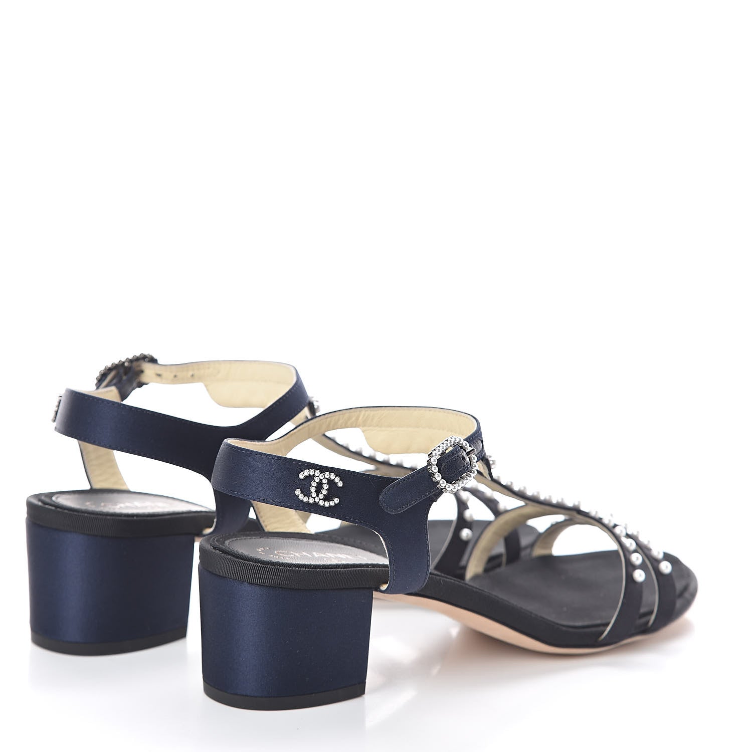 Chanel Satin Pearl Sandals 36.5 Black Navy 4 of 7