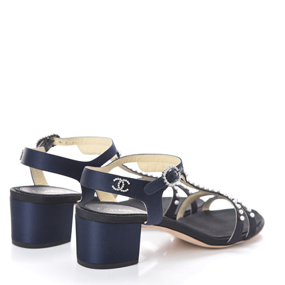 Chanel Satin Pearl Sandals 36.5 Black Navy 4 of 7