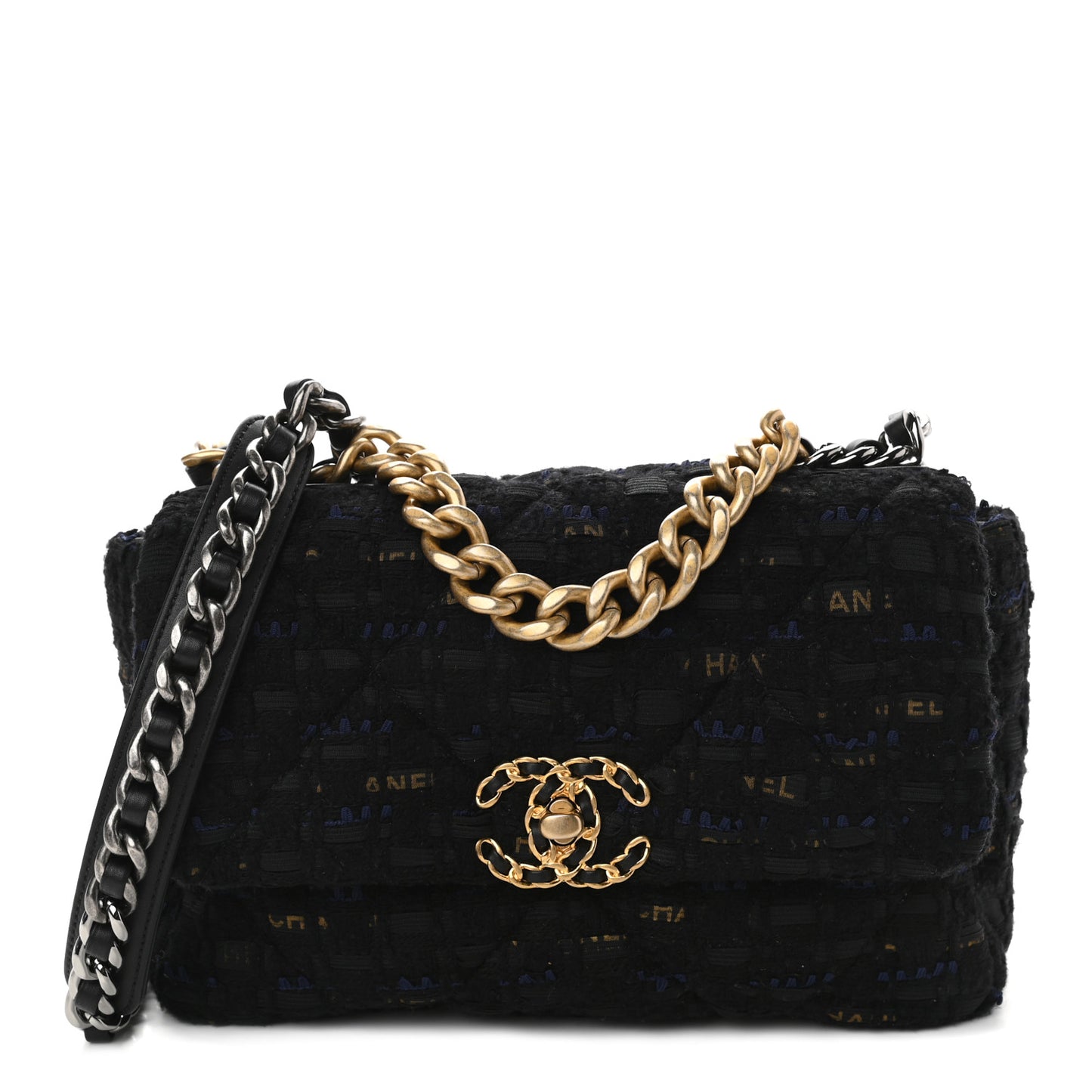 Tweed Quilted Medium Chanel 19 Flap Black Navy Gold