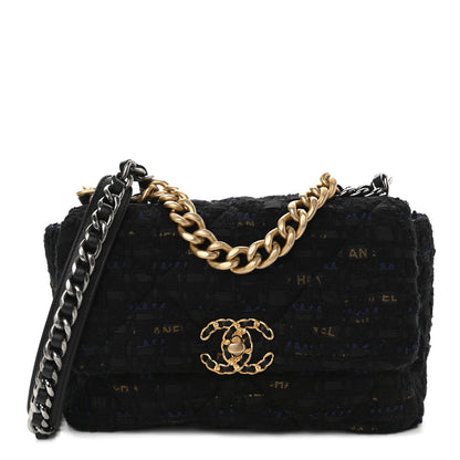 Chanel Tweed Quilted Medium Chanel 19 Flap Black Navy Gold 1 of 9