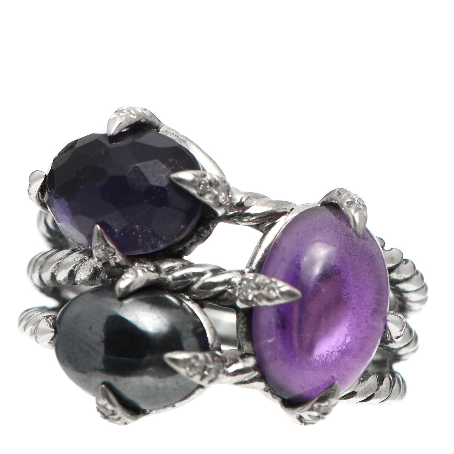 David Yurman Sterling Silver Diamond Amethyst Hematite Chatelaine Three Stone Ring 56 7.5 1 of 5