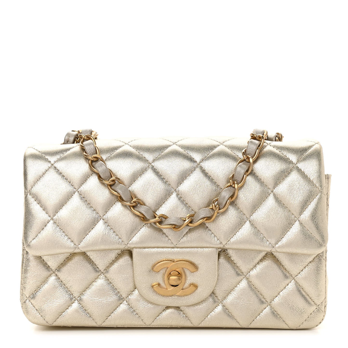 Metallic Lambskin Quilted Mini Rectangular Flap Gold