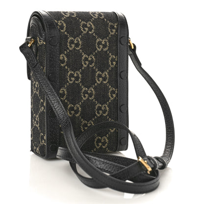 Gucci Jacquard Black Denim GG Monogram Textured Dollar Calfskin Mini Horsebit 1955 Crossbody Bag Black Ivory 3 of 9