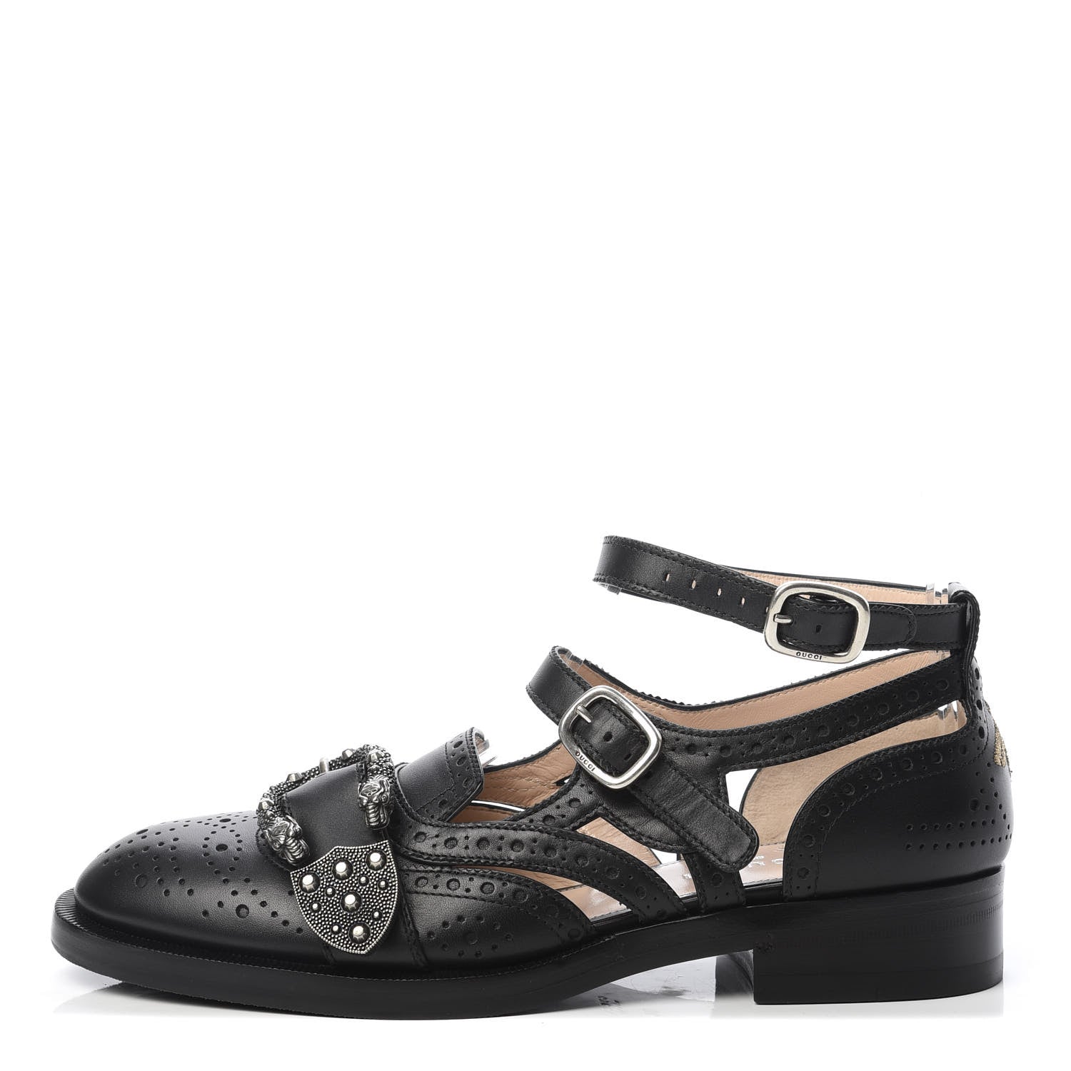 Gucci Calfskin Bee Embroidered Womens Queercore Brogue Wingtip Monk Strap Loafers 38 Black 1 of 9